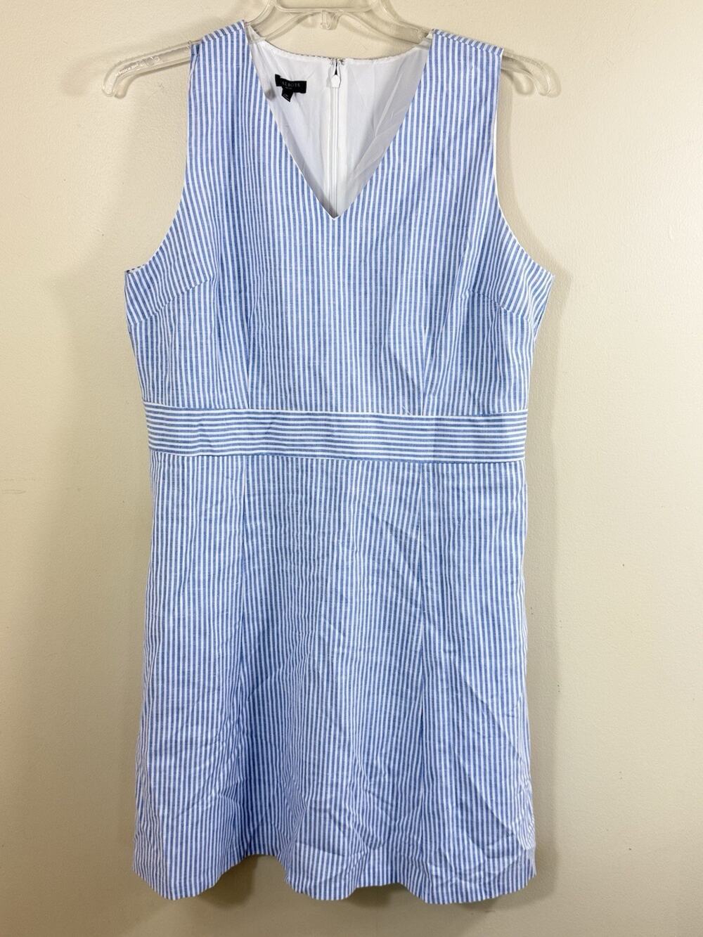 Talbots Linen Dress Women Size 16P Blue White Seersucker Striped Midi Nautical
